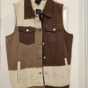Two-Tone Brown and Cream Denim Vest